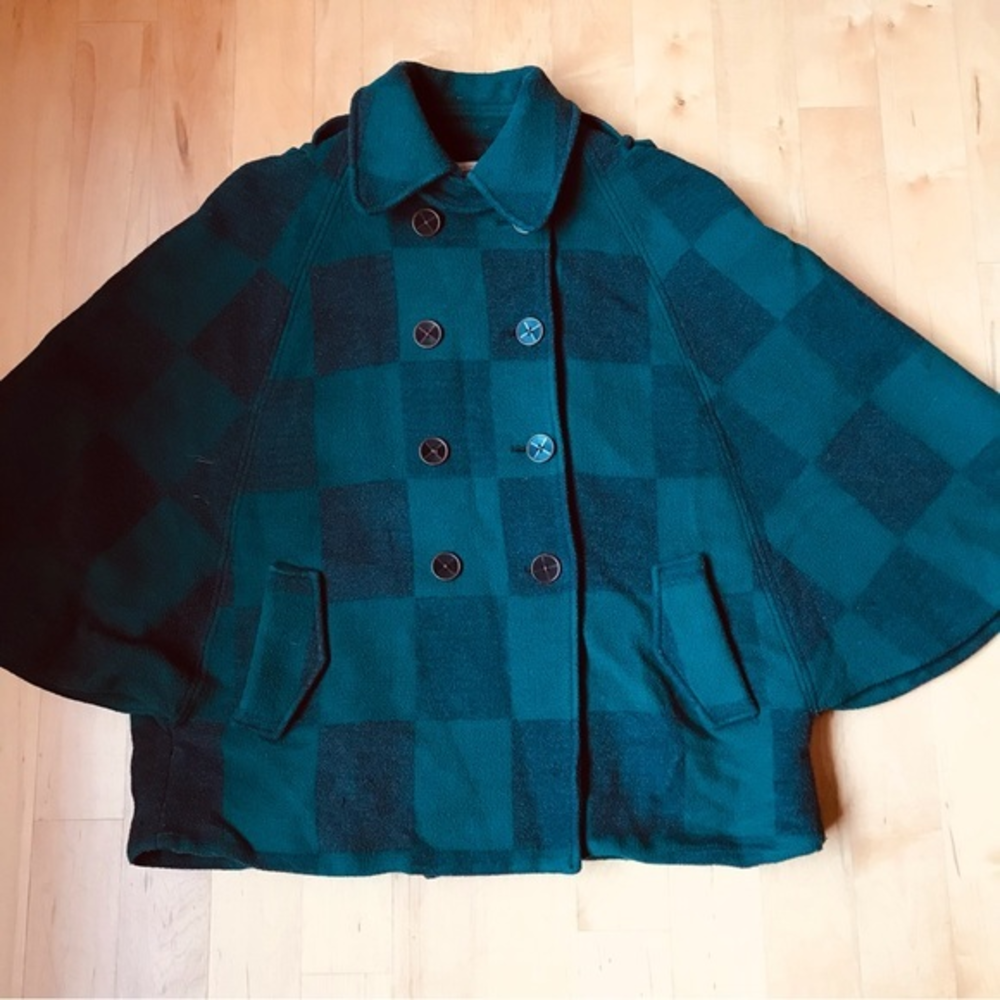 Anthropologie Cartonnier Wool Plaid Check Cape‎ Coat Women's M